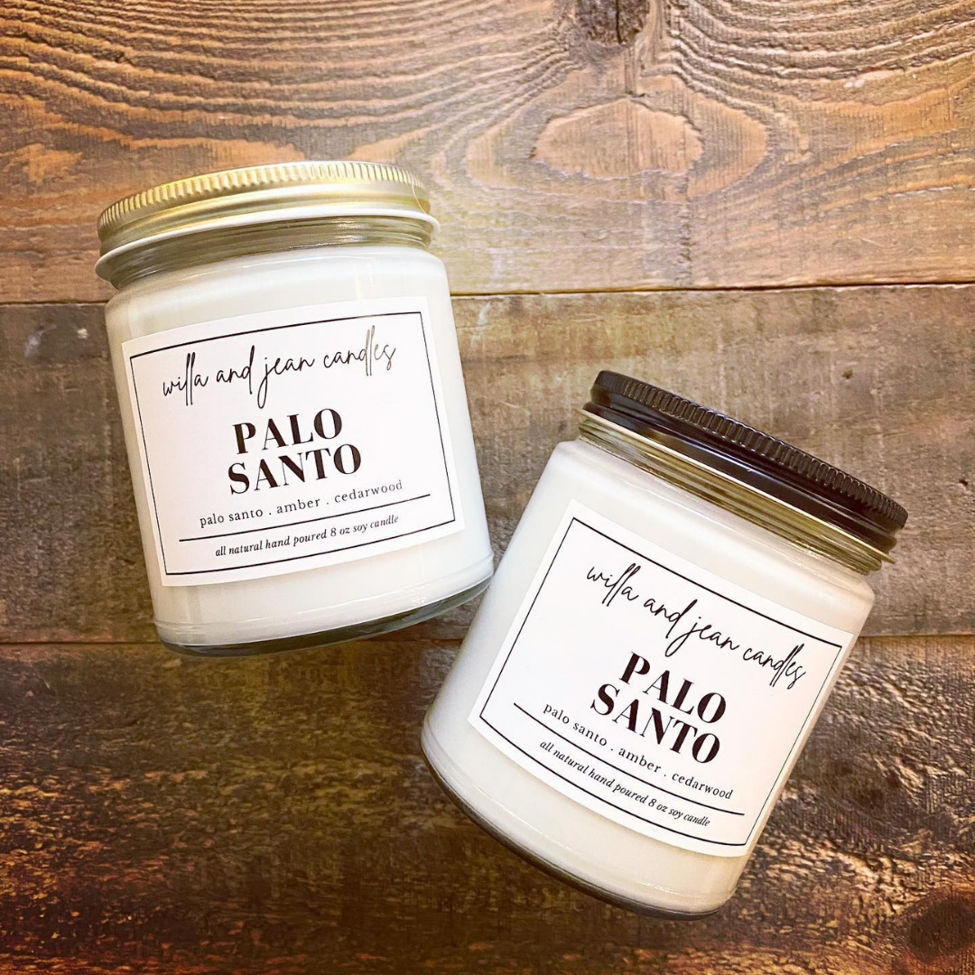 Palo Santo 8 oz scented soy candle with lid